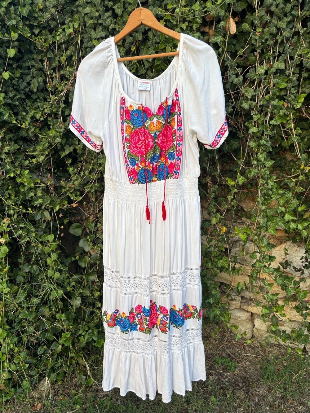 Boho White Mexican Dress with Vibrant Floral Embroidery from San Antonio, TX
